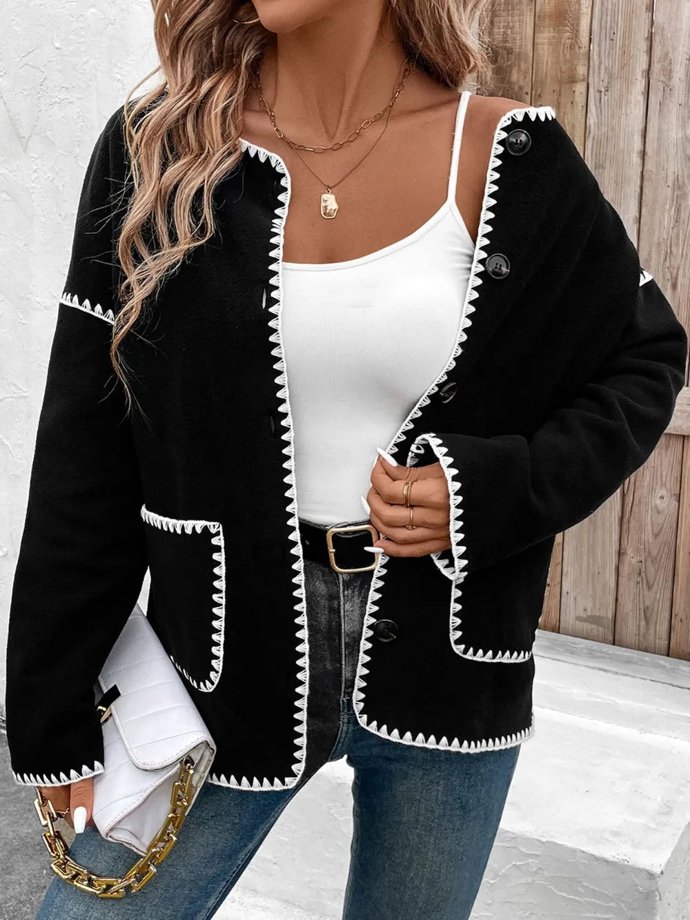 Perfee Pocketed Contrast Button Up Jacket in Black, view 4