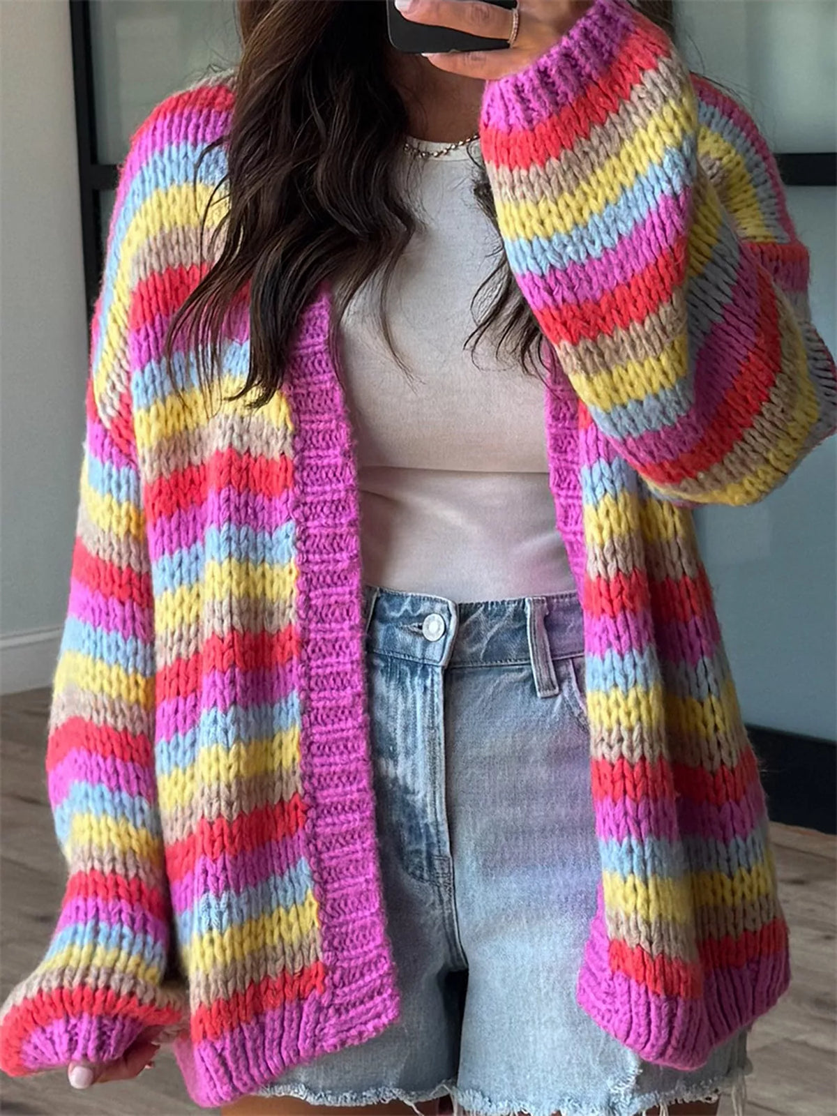 Multi-Color Striped Chunky Knit Open-Front Cardigan - Lilixa.store