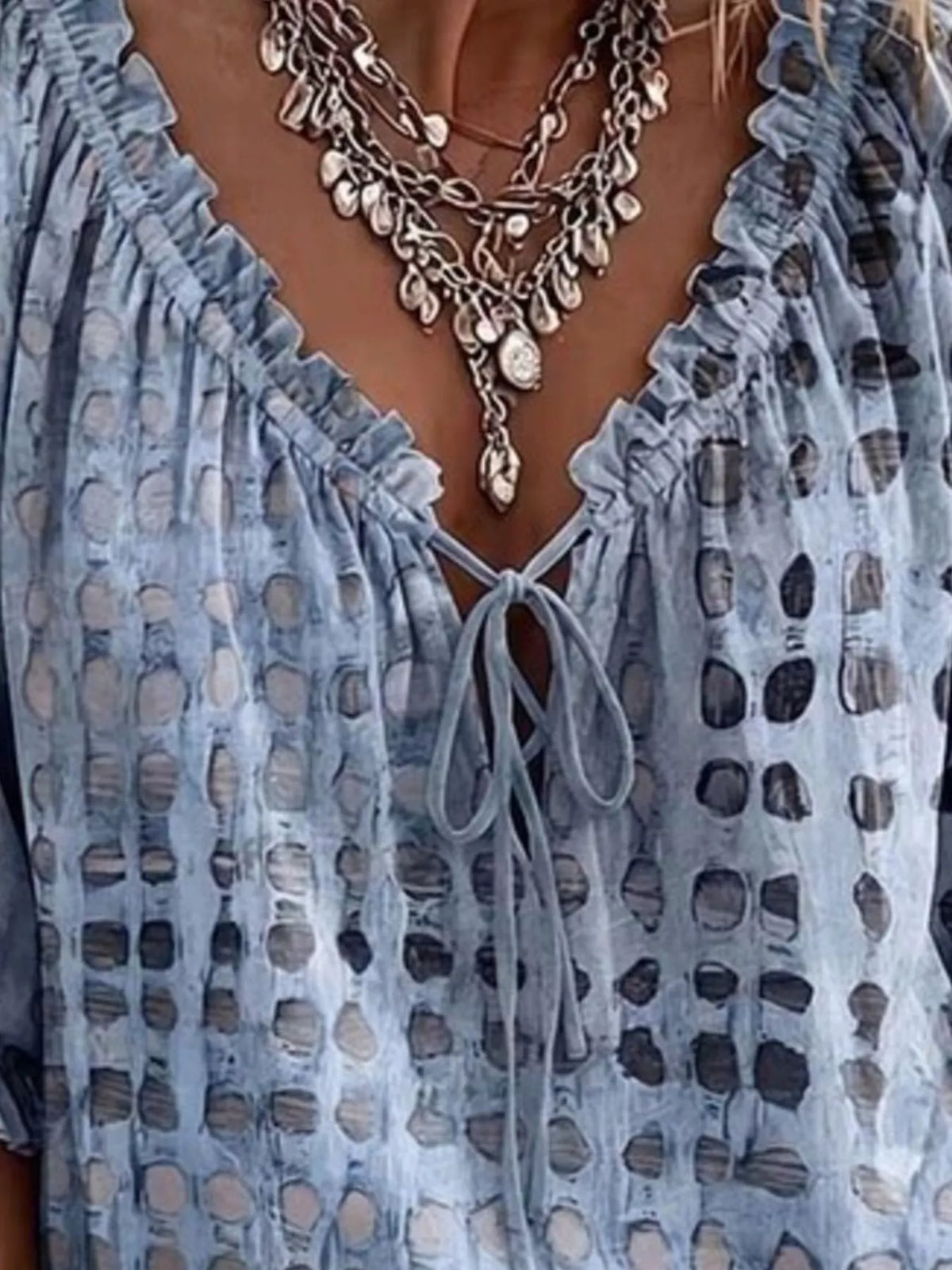 Full Size Tie Neck 3/4 Sleeve Blouse Plus Size
