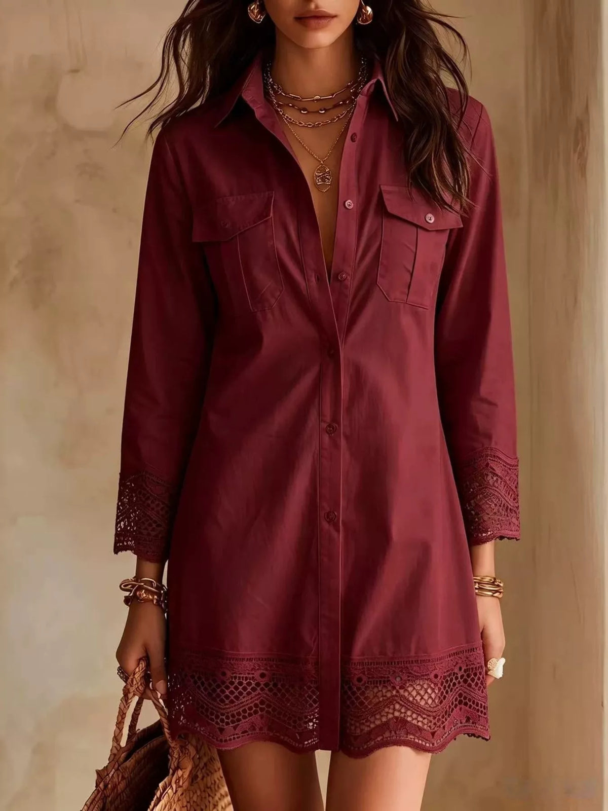 Button-Down Shirt Dress with Lace Trim - Lilixa.store