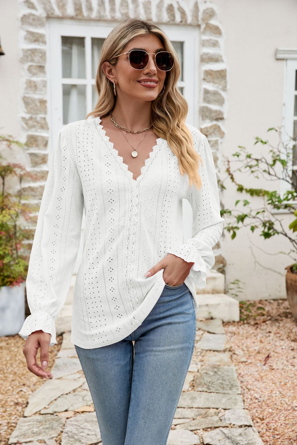 Eyelet Lace Trim Flounce Sleeve Blouse in White