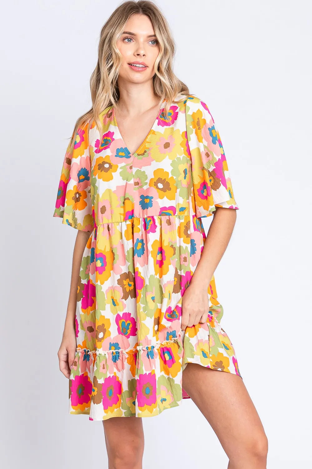 GeeGee Floral V-Neck Ruffle Hem Mini Dress - Lilixa.store