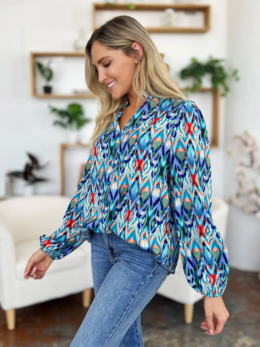 Double Take Full Size Printed Balloon Sleeve Blouse - Lilixa.store
