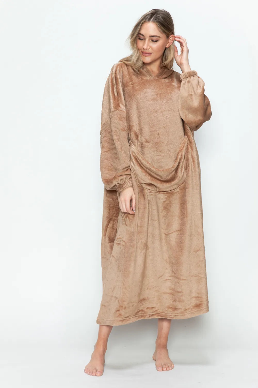 Double Take Full Size Pocketed Hooded Midi Lounge Dress - Lilixa.store