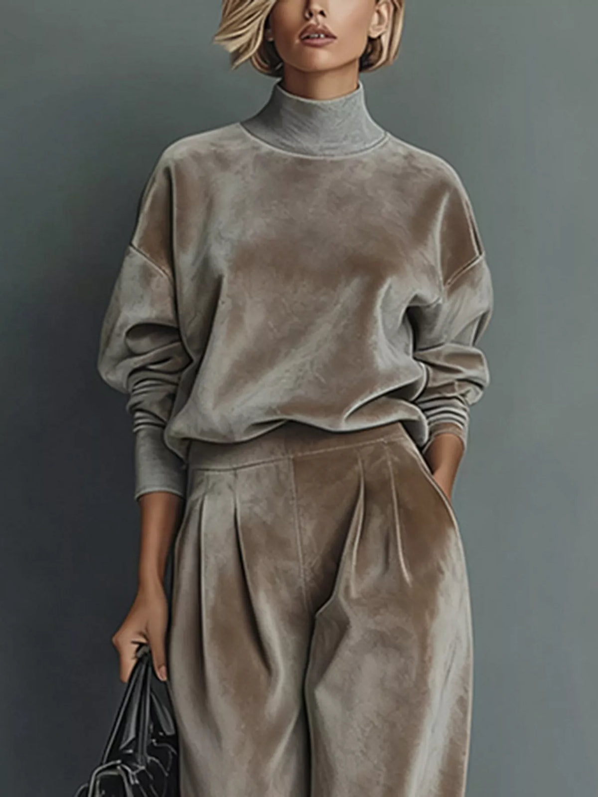 Full Size Elegant Velvet Mock Neck Long Sleeve Top and Wide-Leg Pants Set Plus Size in Khaki