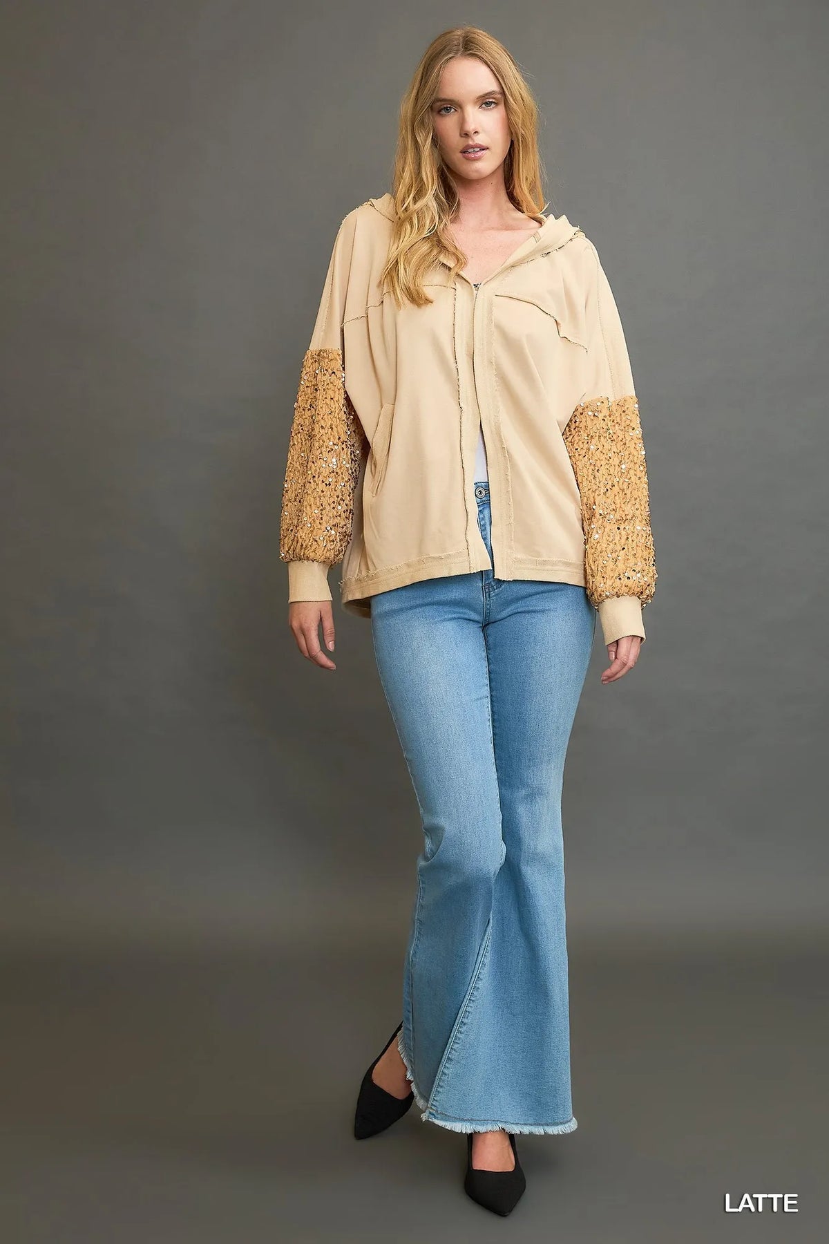 Umgee Sequined French Terry Jacket in Latte, view 5
