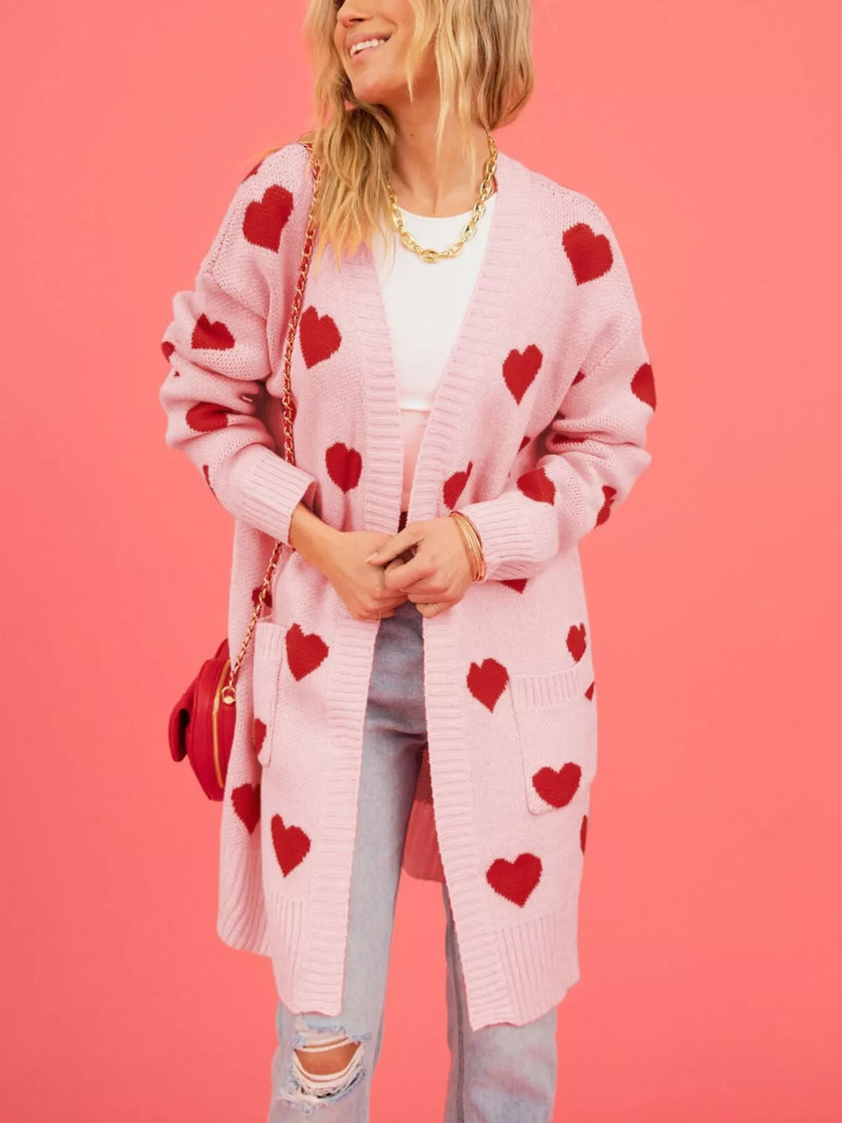 Heart Pattern Open Front Longline Cardigan - Lilixa.store