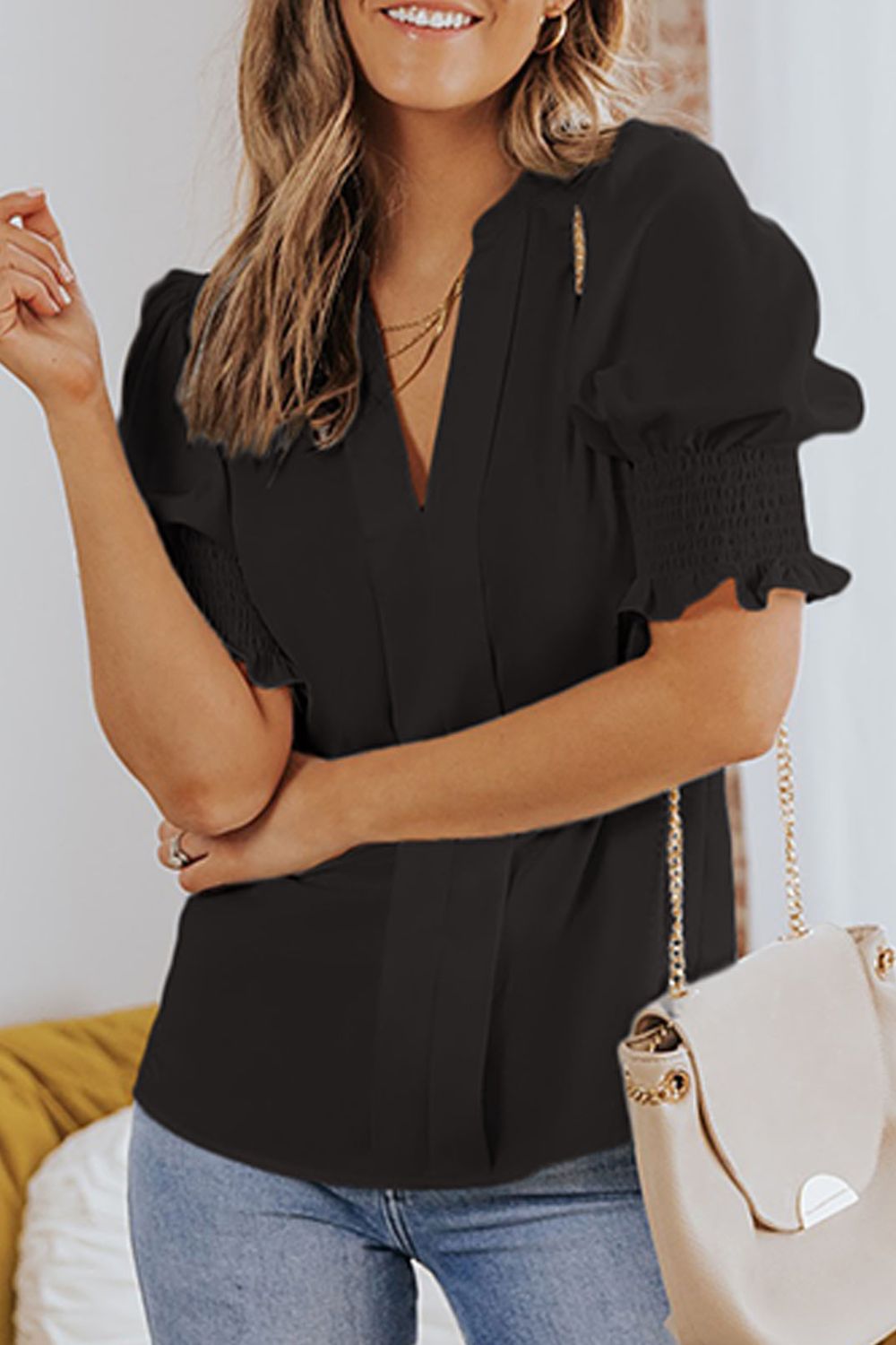 Smocked Flounce Sleeve Notched Neck Blouse in Black