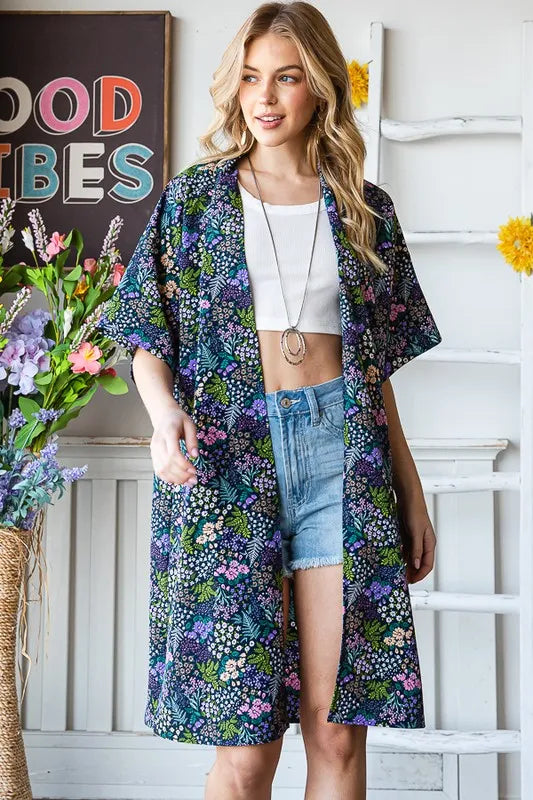 Heimish Full Size Half Sleeve Floral Open Cardigan Plus Size in Navy, view 6