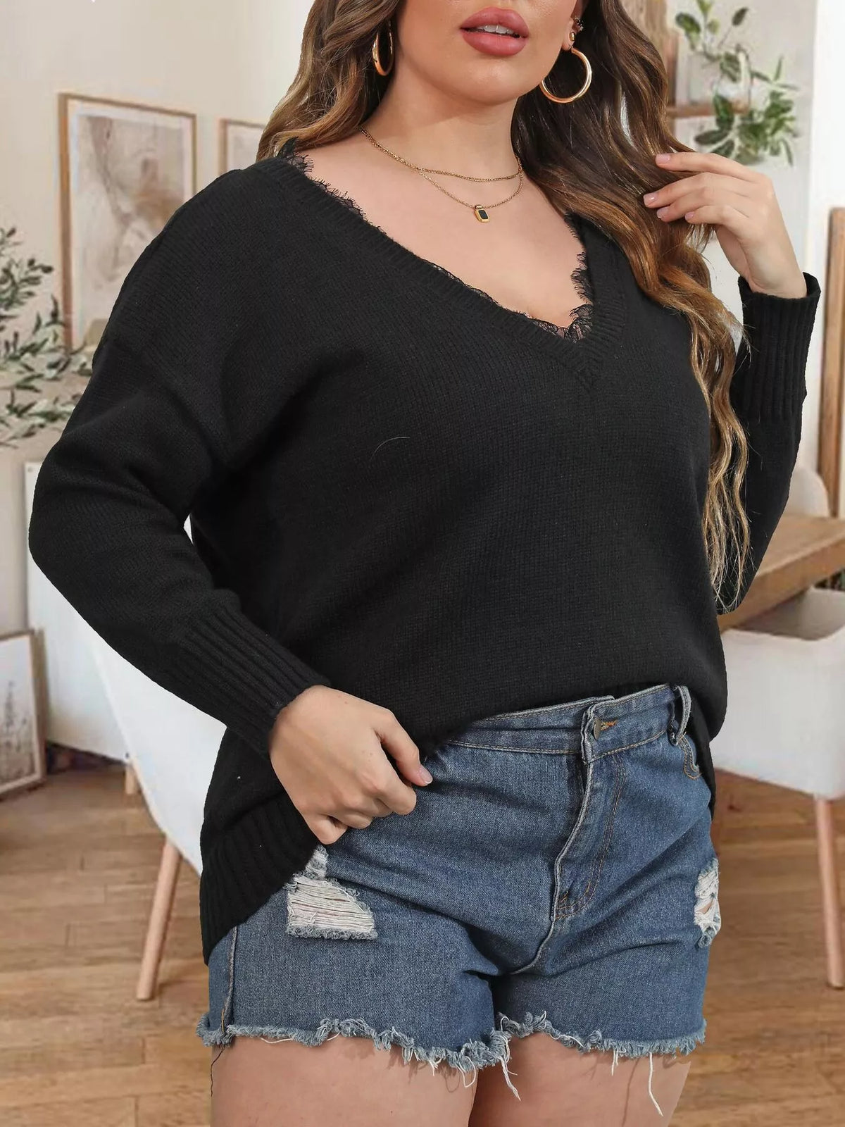 Plus Size Lace Trim V-Neck Sweater - Lilixa.store