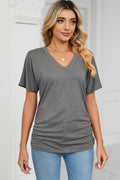 Ruched V-Neck Short Sleeve T-Shirt - Lilixa.store