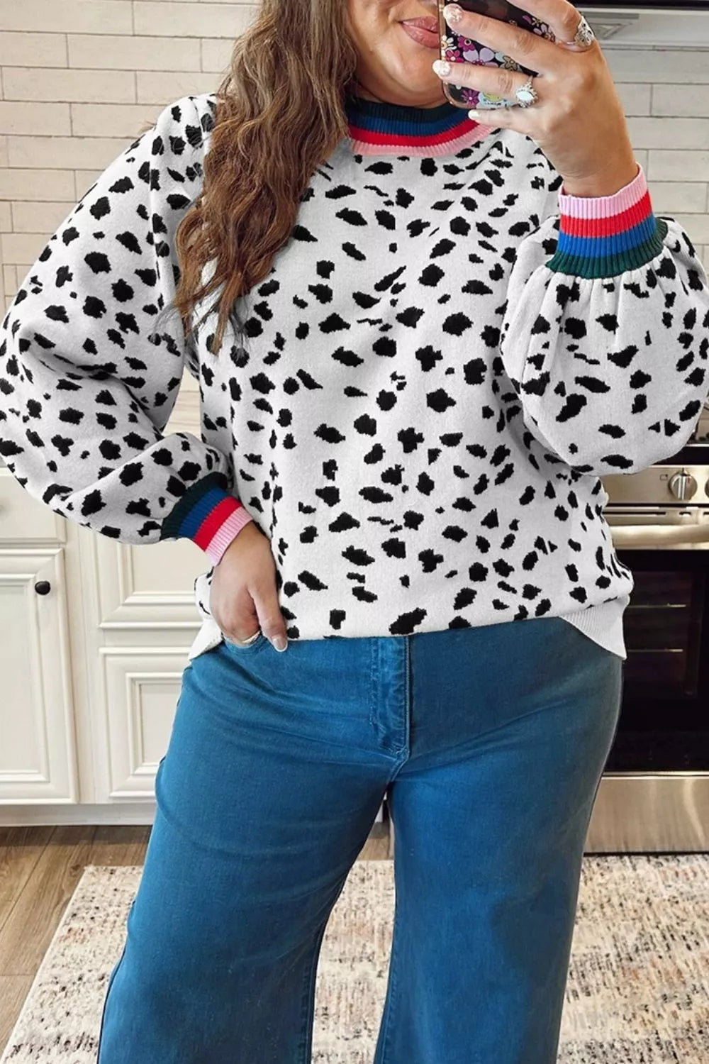 Plus Size Leopard Print Colorblock Round Neck Long Sleeve Tunic Sweater - Lilixa.store