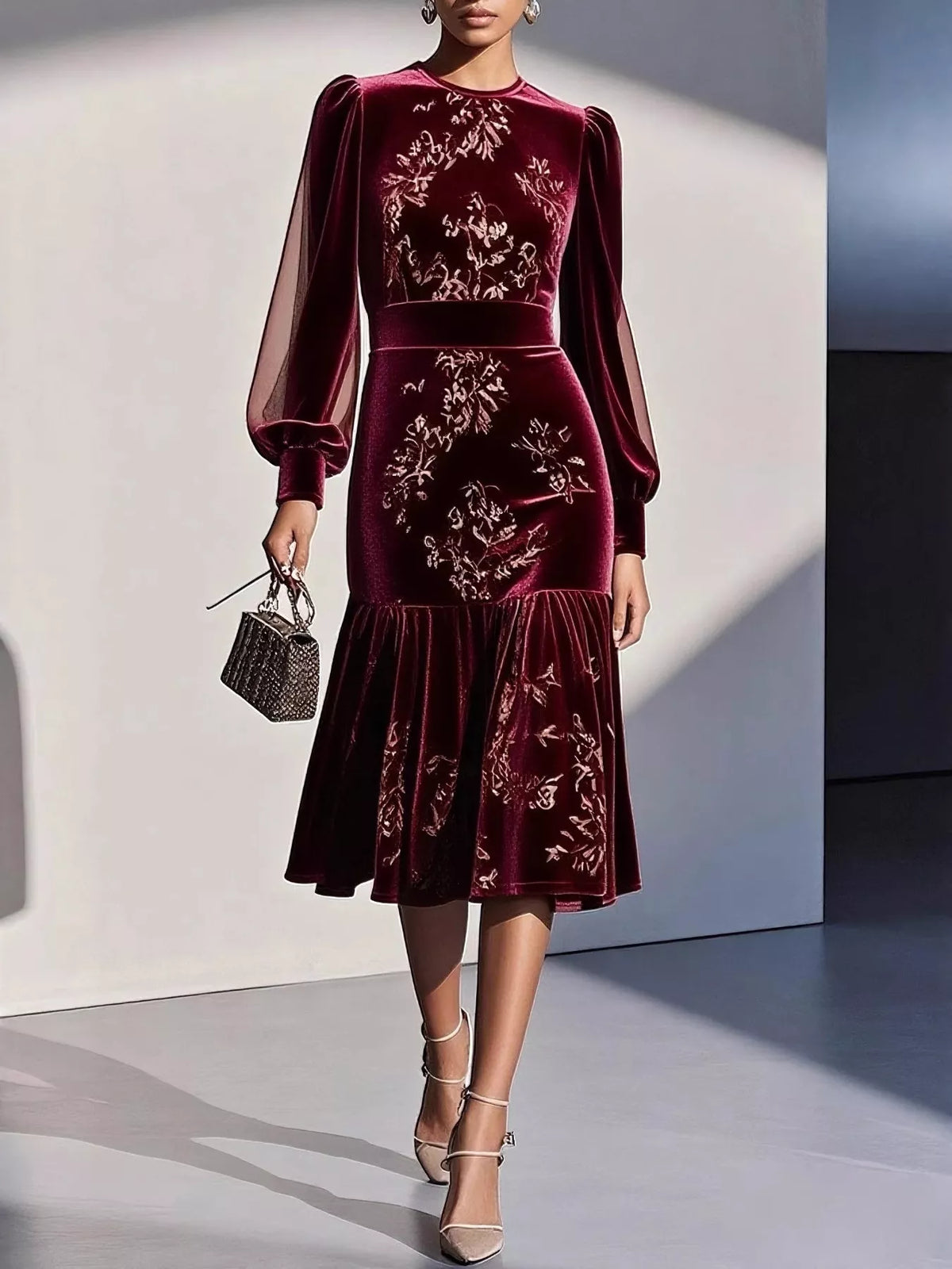 Velvet Floral Lantern Sleeve Midi Dress in Green