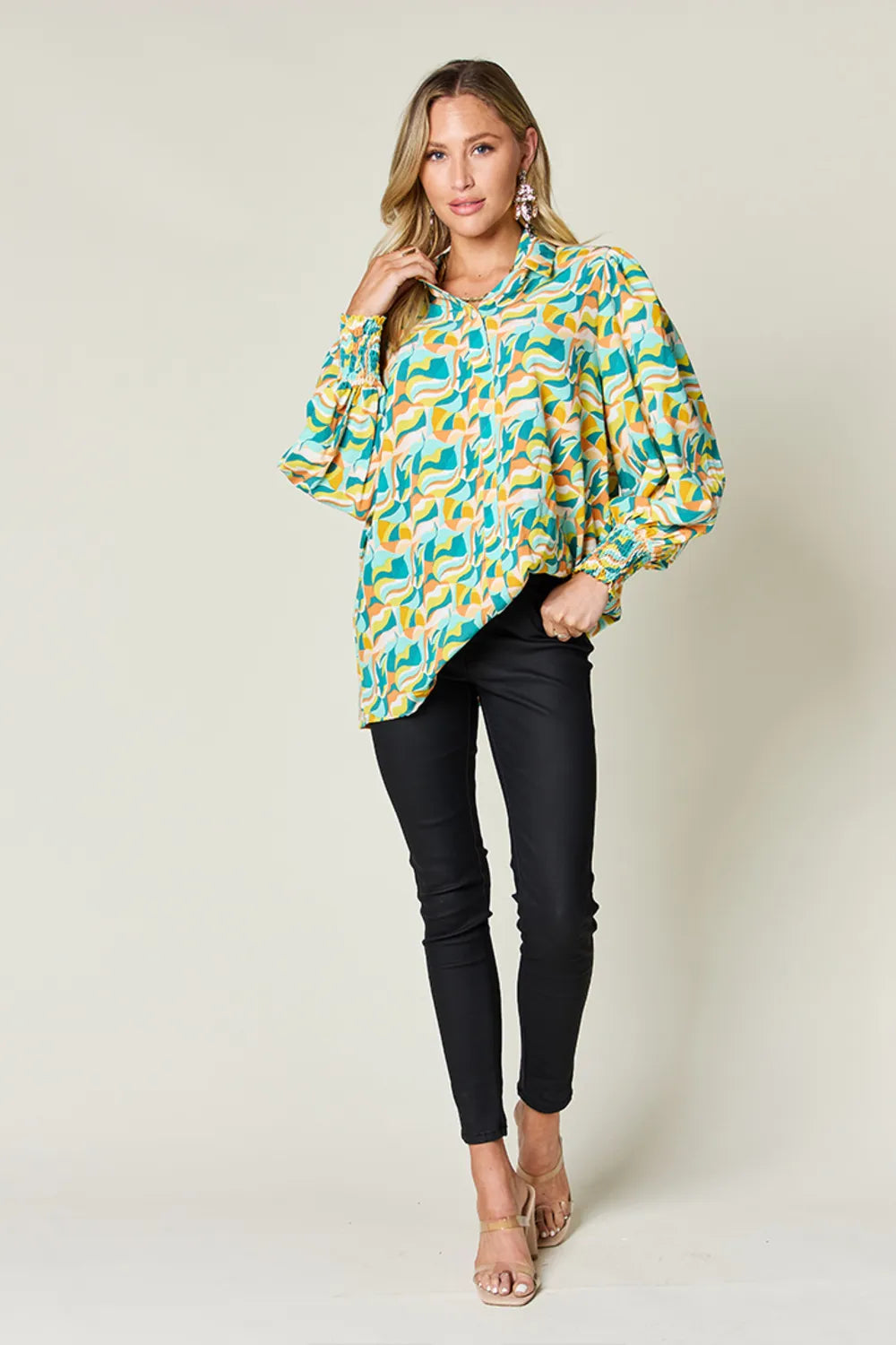 Double Take Full Size Printed Smocked Long Sleeve Blouse in Turquoise, view 4