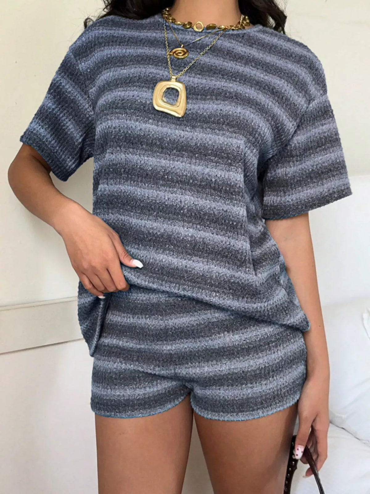 Striped Textured Knit Top and Shorts Set, view 6