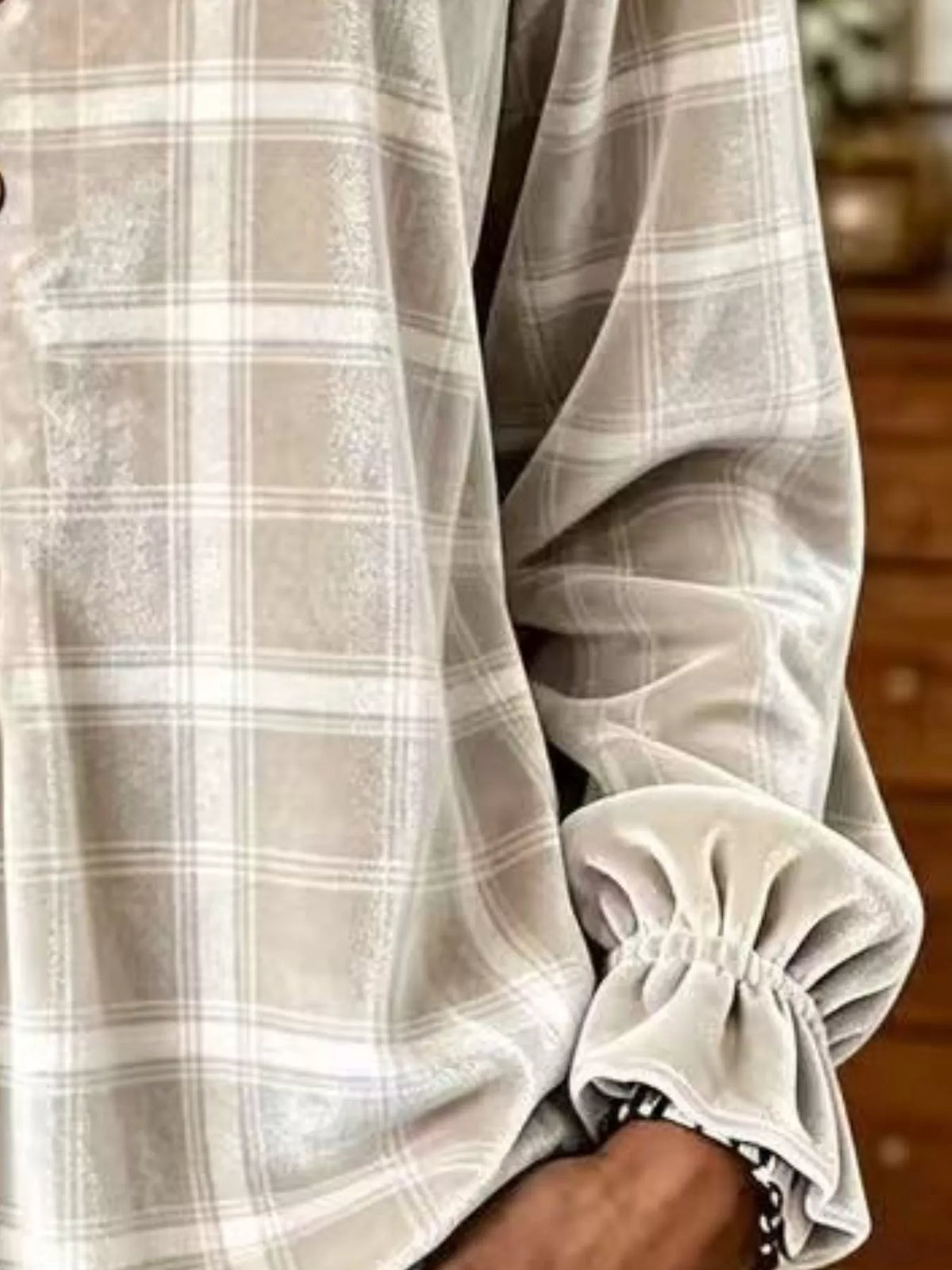 Full Size Plaid Velvet Flounce Sleeve Blouse Plus Size, view 10
