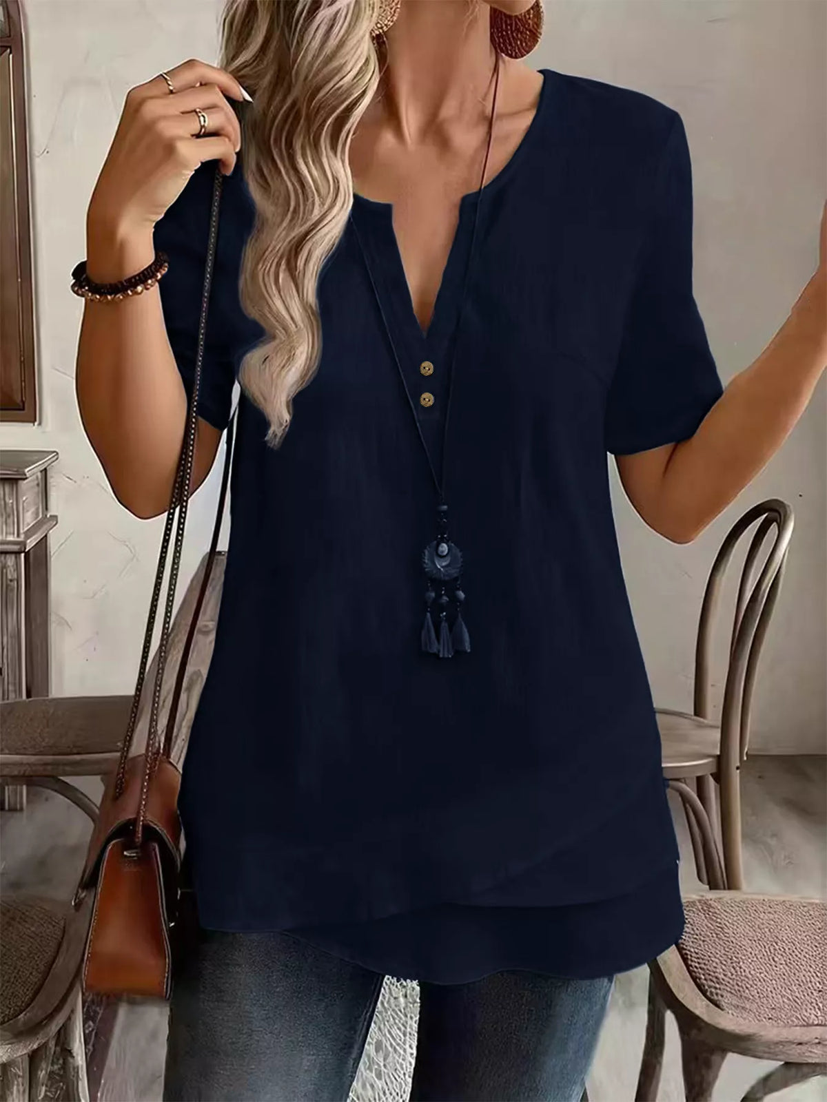 Notched Short Sleeve Blouse - Lilixa.store