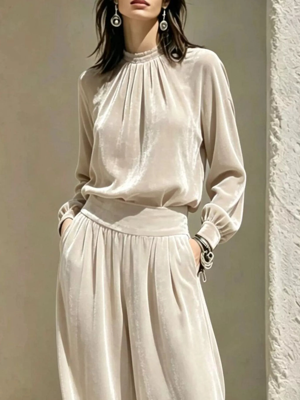 Velvet Mock Neck Long Sleeve Top and Wide-Leg Pants Set - Lilixa.store