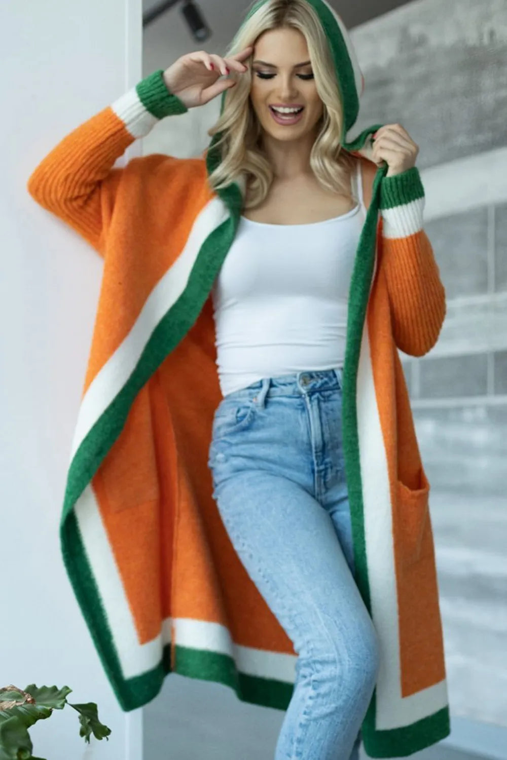 Pocketed Contrast Long Sleeve Hooded Cardigan - Lilixa.store