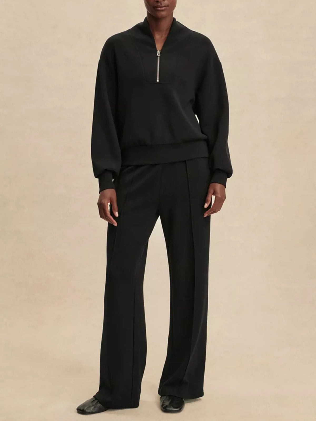 Quarter-Zip Sweatshirt and Wide-Leg Pants Set - Lilixa.store