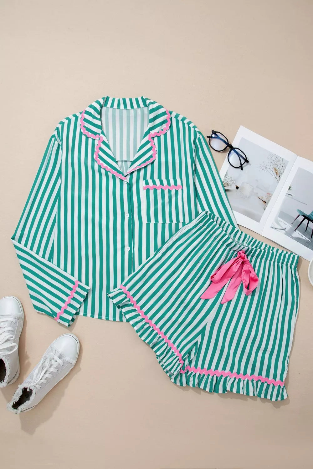 Stripe Contrast Ricrac Trim Long Sleeve Shirt Drawstring Ruffled Pajama Short Set - Lilixa.store