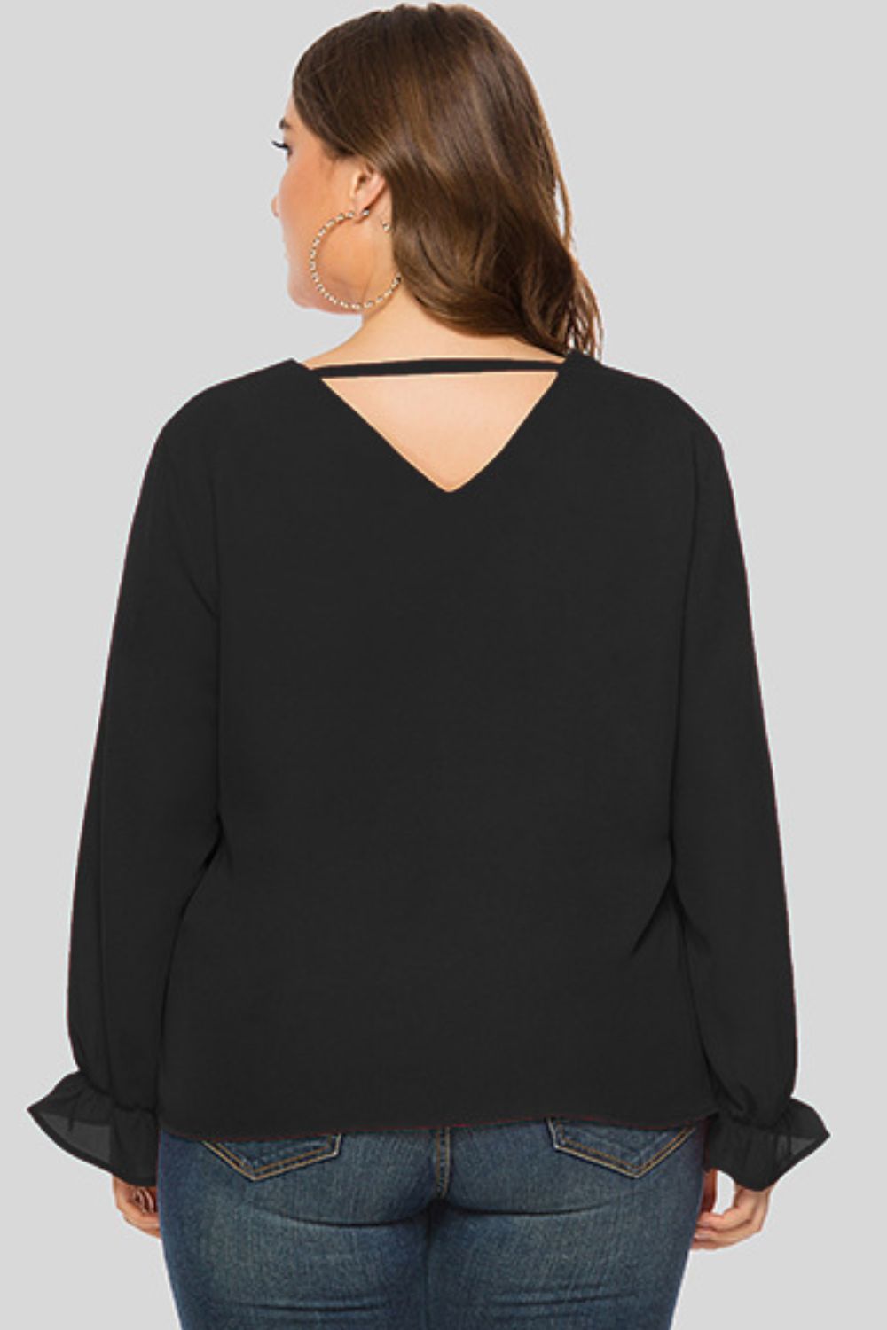 Plus Size Cutout Flounce Sleeve Blouse in Black, view 2