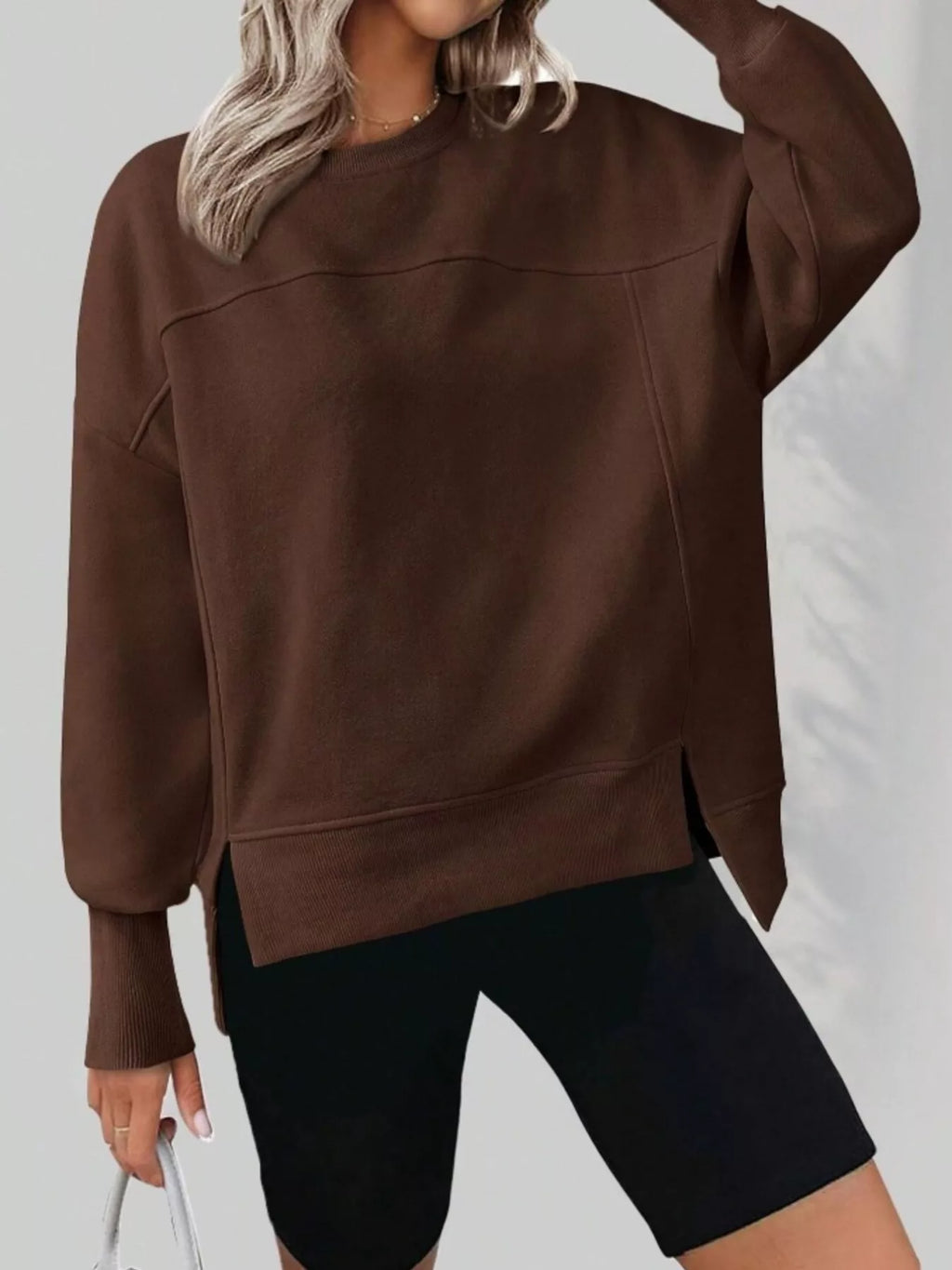 Slit Round Neck Dropped Shoulder Sweatshirt - Lilixa.store
