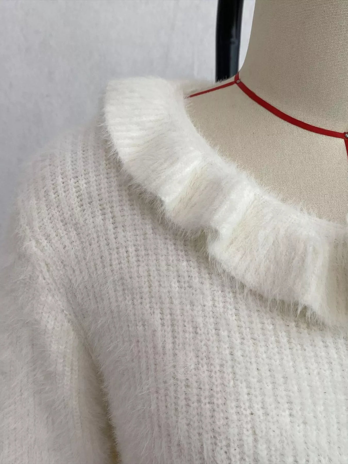 Soft Fuzzy Cardigan with Ruffled Collar and Pearl Buttons, view 8