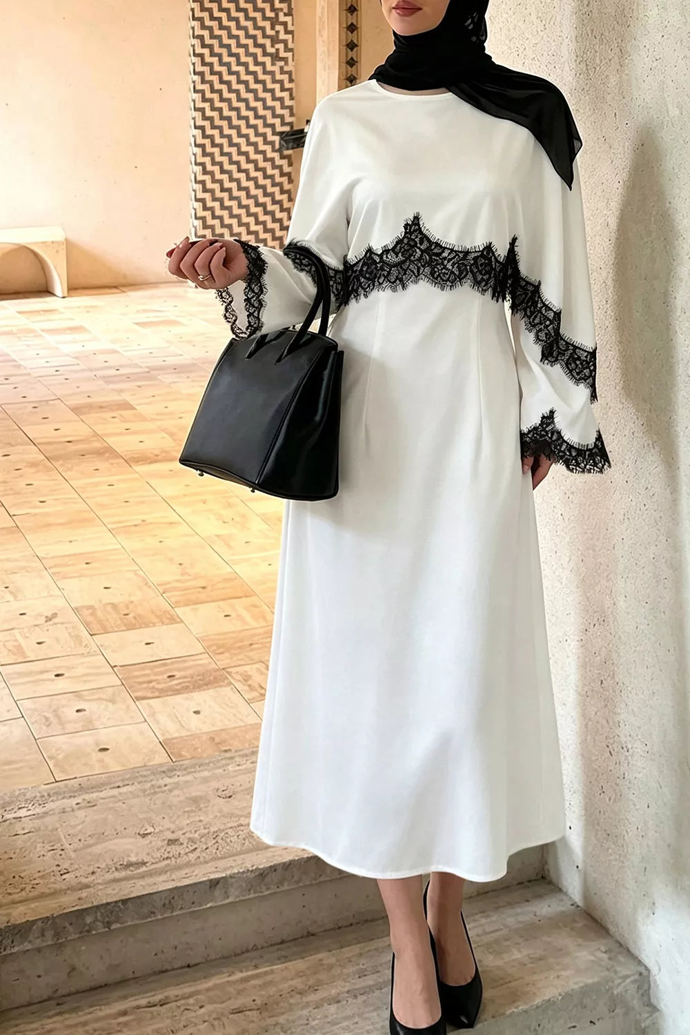 Lace Trim Round Neck Midi Dress - Lilixa.store