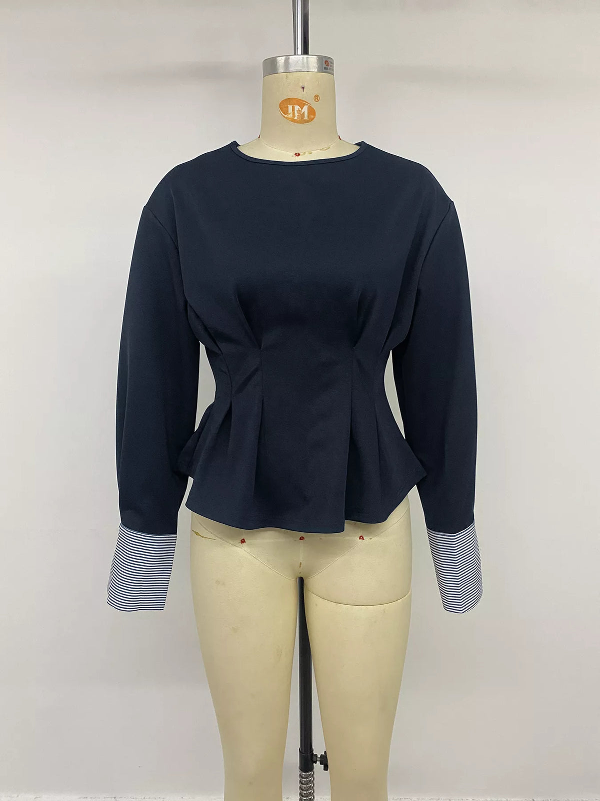 Round Neck Peplum Top with Striped Cuffs in Dark Blue, view 11
