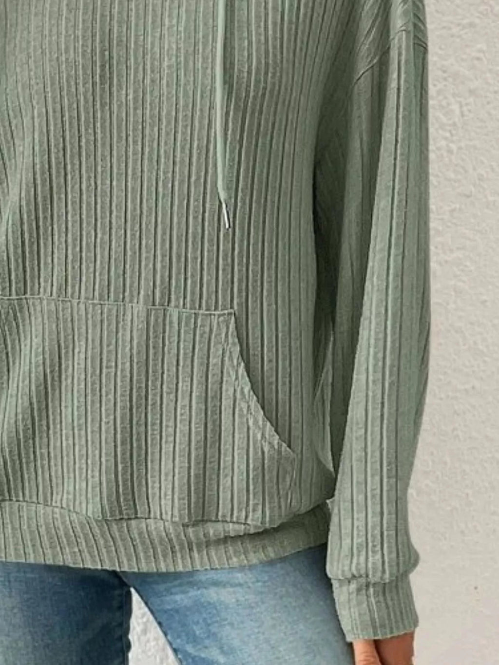Ribbed Knit Long Sleeve Drawstring Hoodie - Lilixa.store