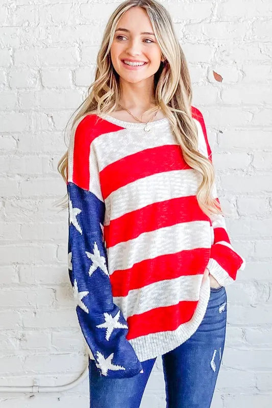 And The Why American Flag Long Sleeve Sweater - Lilixa.store