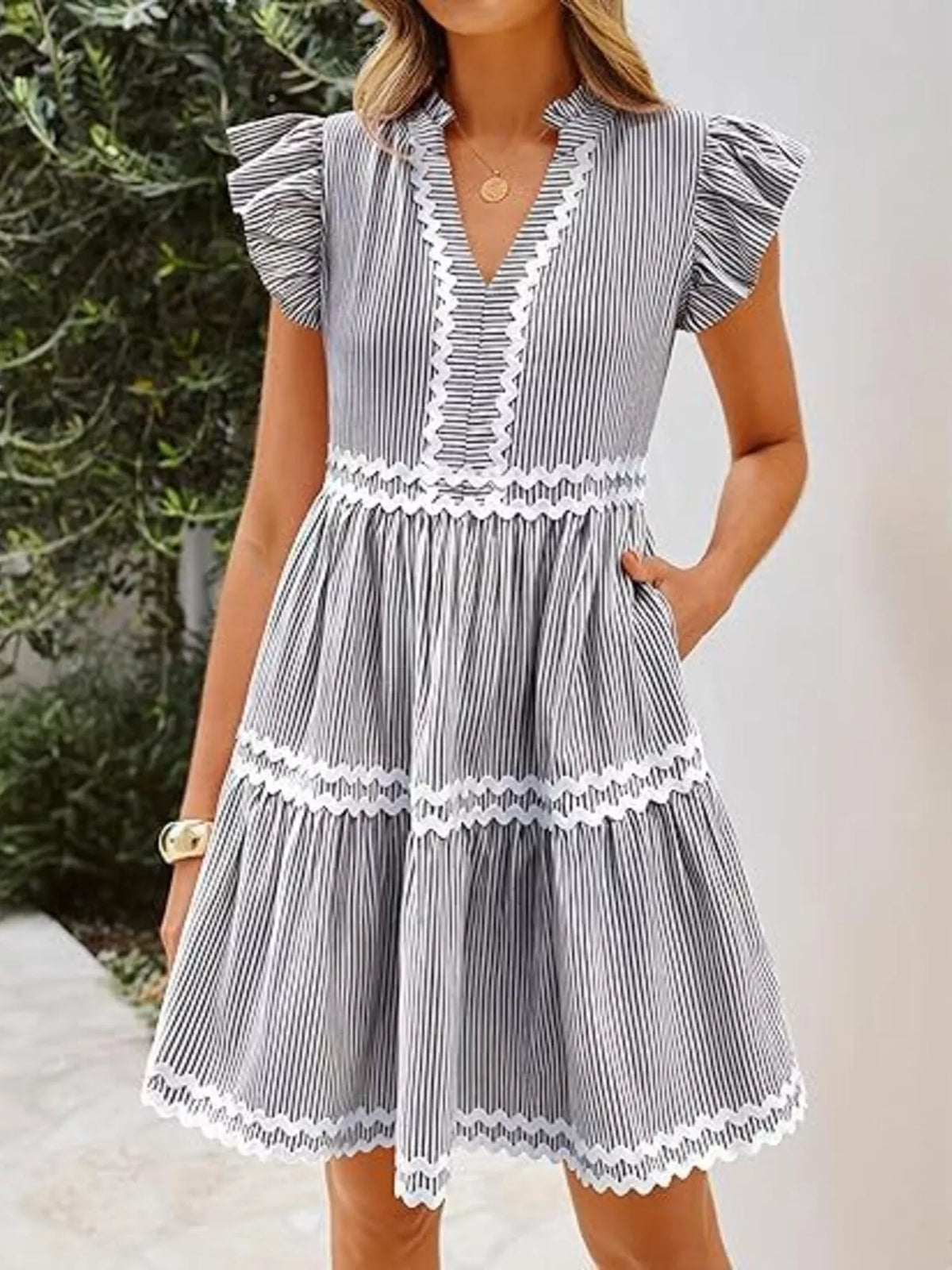Striped Ruffle Sleeve Tiered Dress in Gray