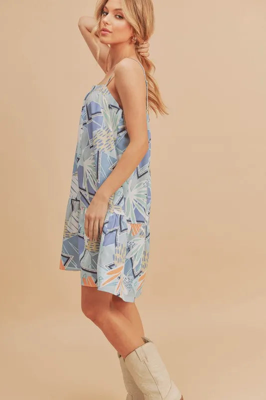 Aemi + Co Printed Ruffled Hem Square Neck Mini Cami Dress in Light Blue, view 4