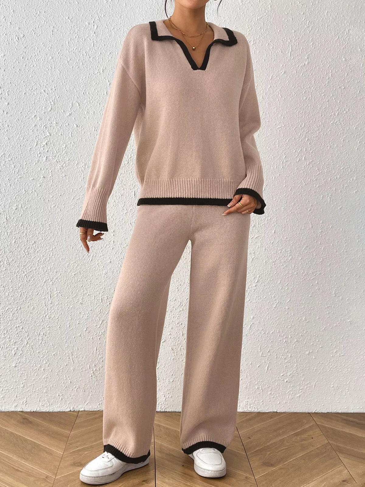 Contrast Trim Polo Collar Top and Pants Sweater Set - Lilixa.store