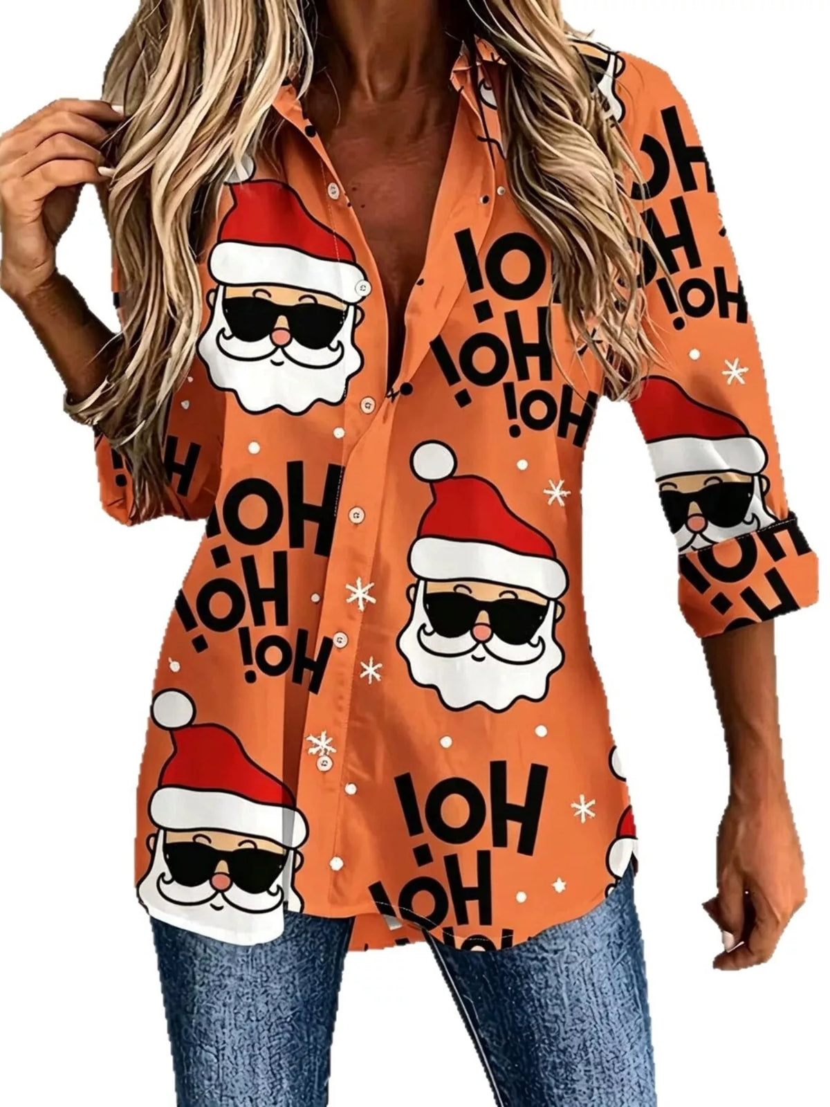 Full Size Christmas Santa Claus Print Button-Down Shirt Plus Size in Tangerine