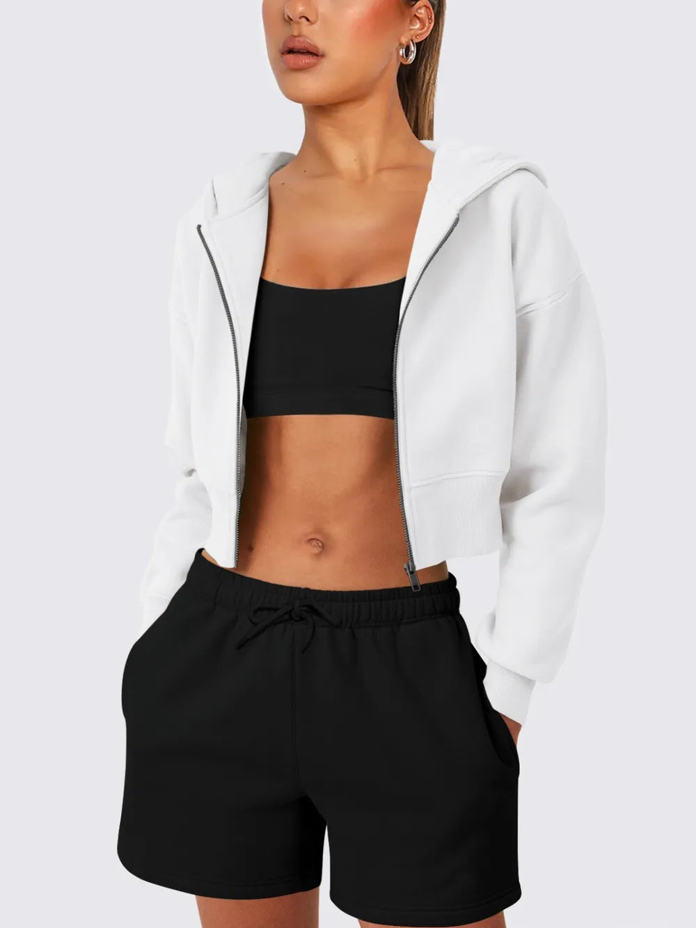 Zip Up Long Sleeve Hooded Cropped Jacket, view 13