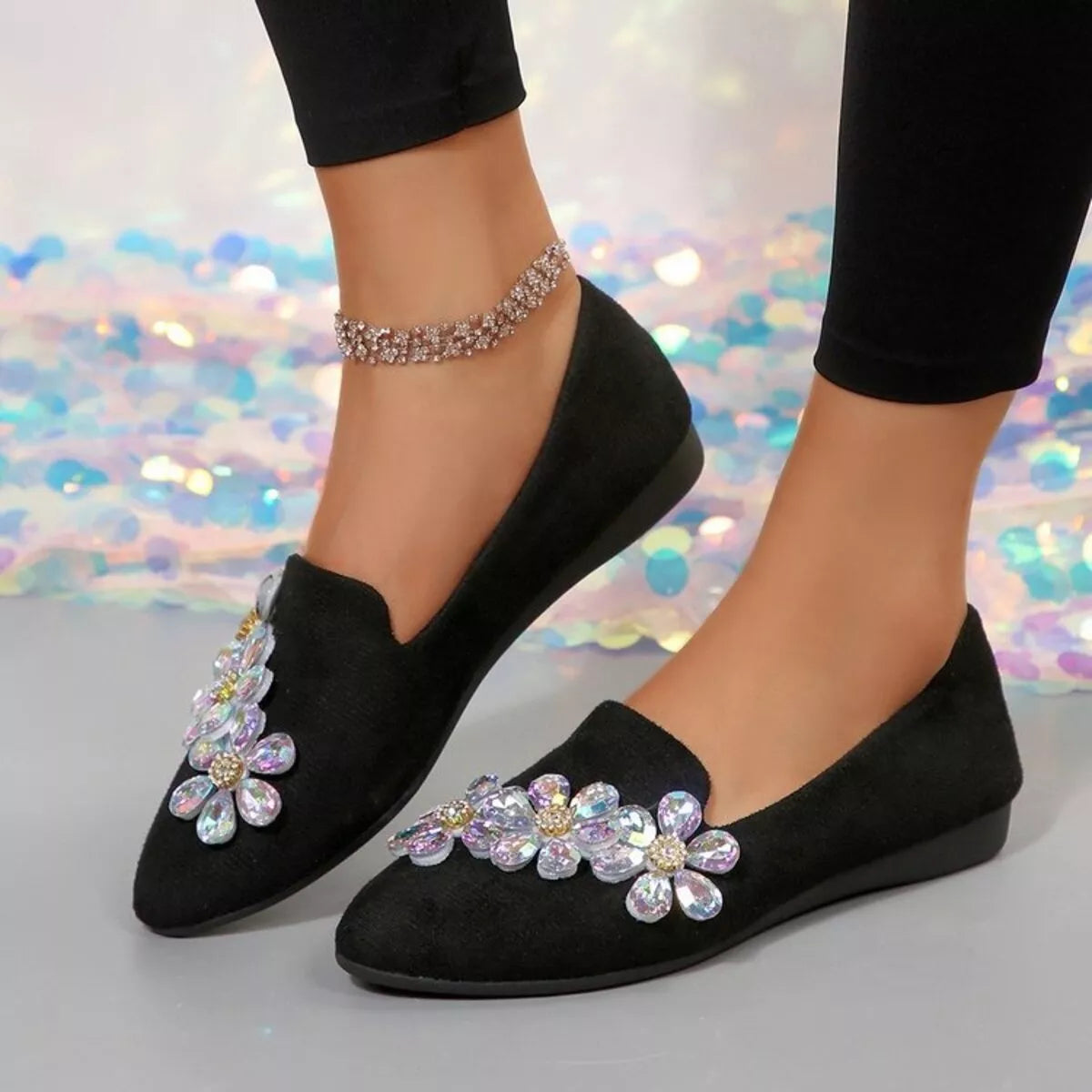 Rhinestone Point Toe Flats Slip-Ons in Black, view 4