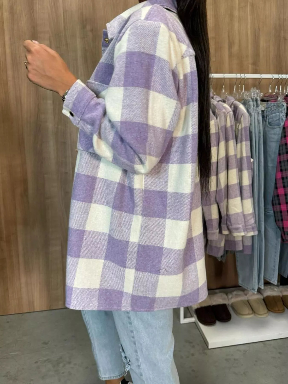 Plaid Button-Down Long Sleeve Shacket, view 10