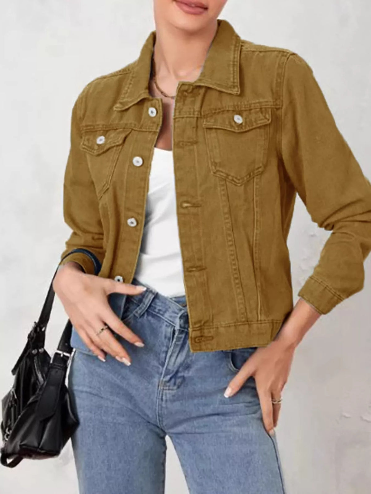 Button Up Long Sleeve Denim Jacket in Camel
