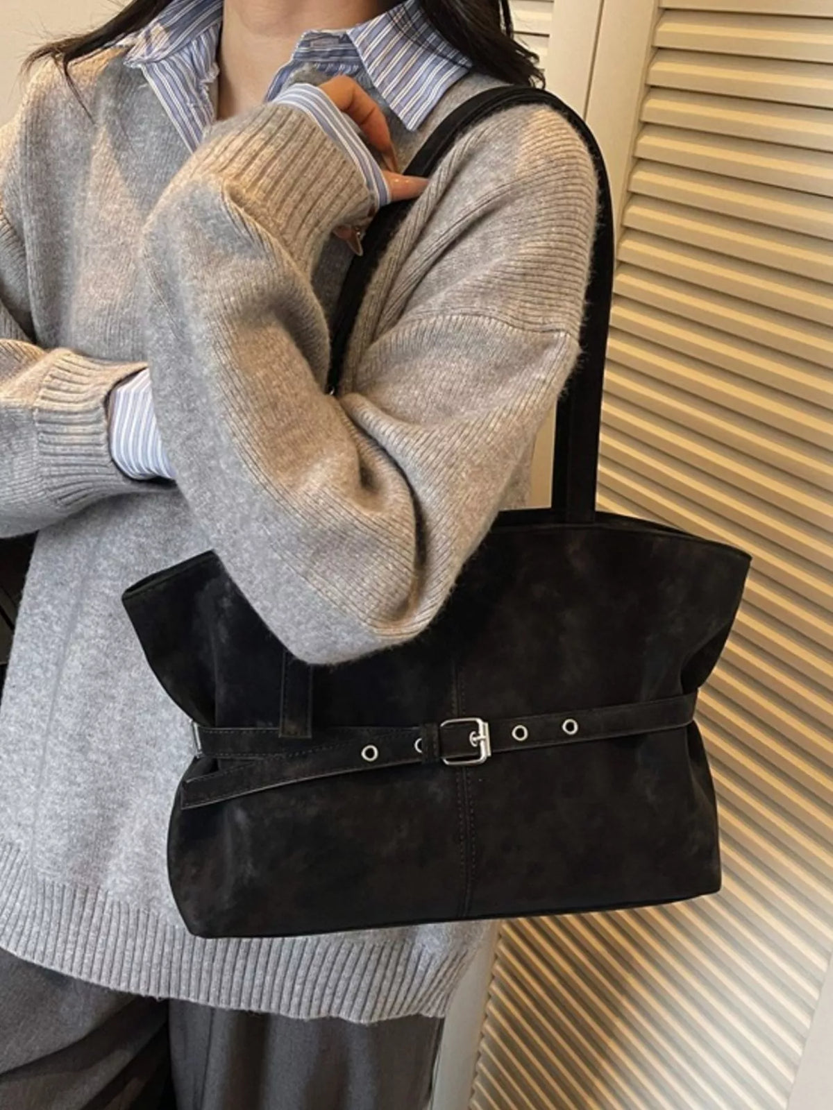 Washed Suede Buckle Detail Tote Bag