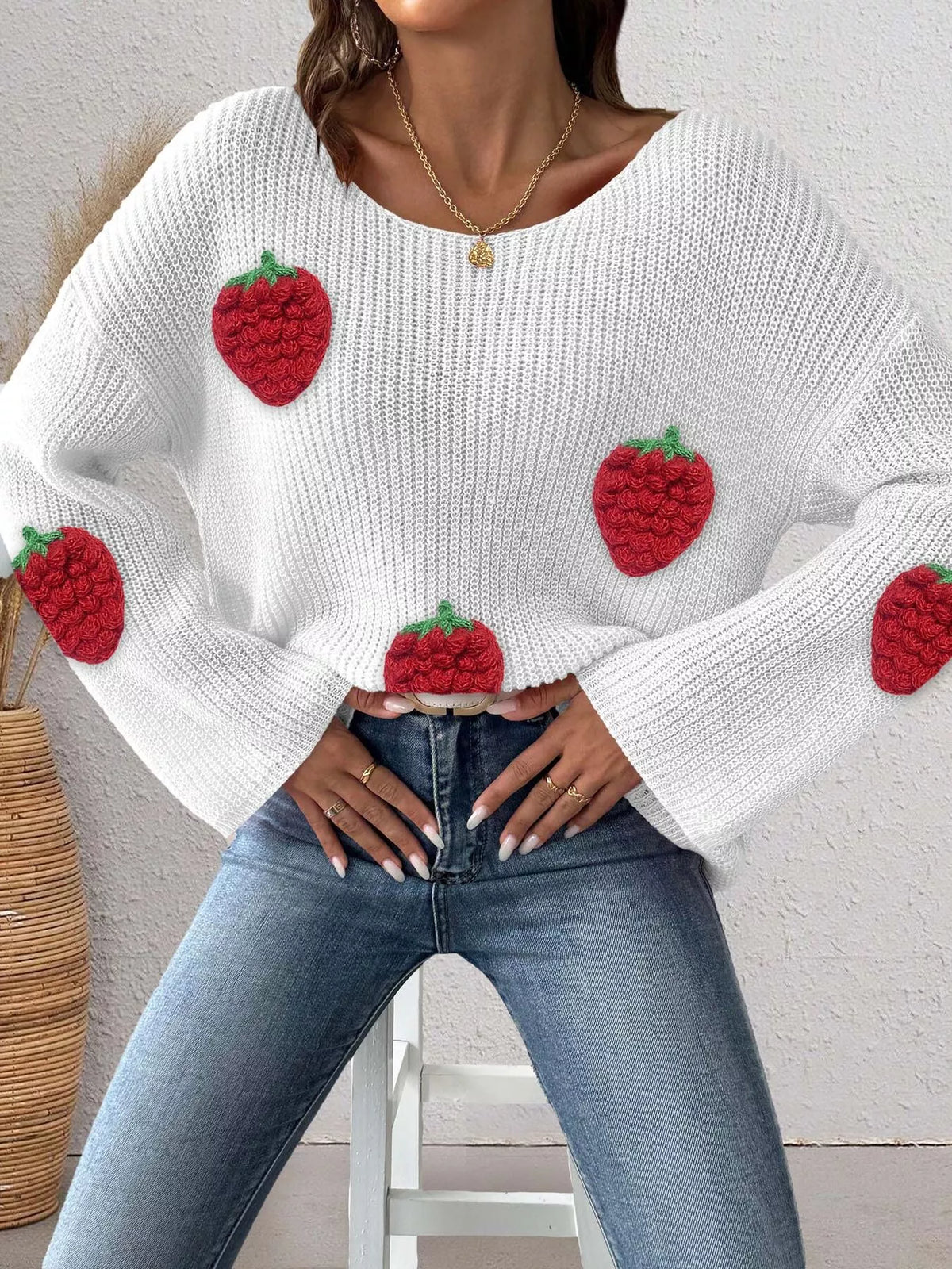 Strawberry Applique Oversized Sweater
