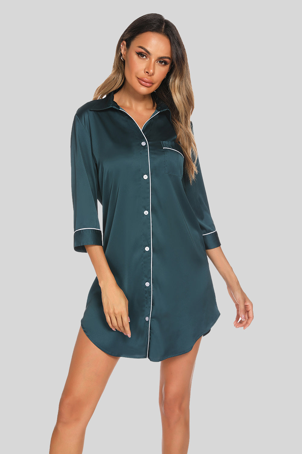 Button Up Collared Neck Night Dress with Pocket - Lilixa.store