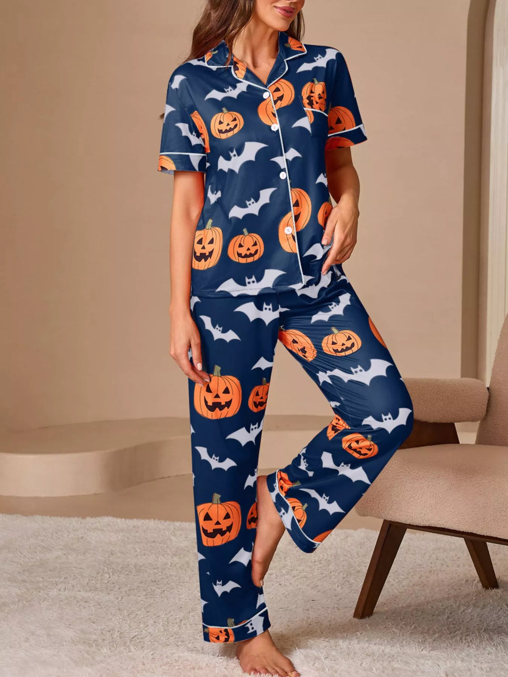 Halloween Pumpkin and Bat Print Button-Down Top and Pants Lounge Set - Lilixa.store