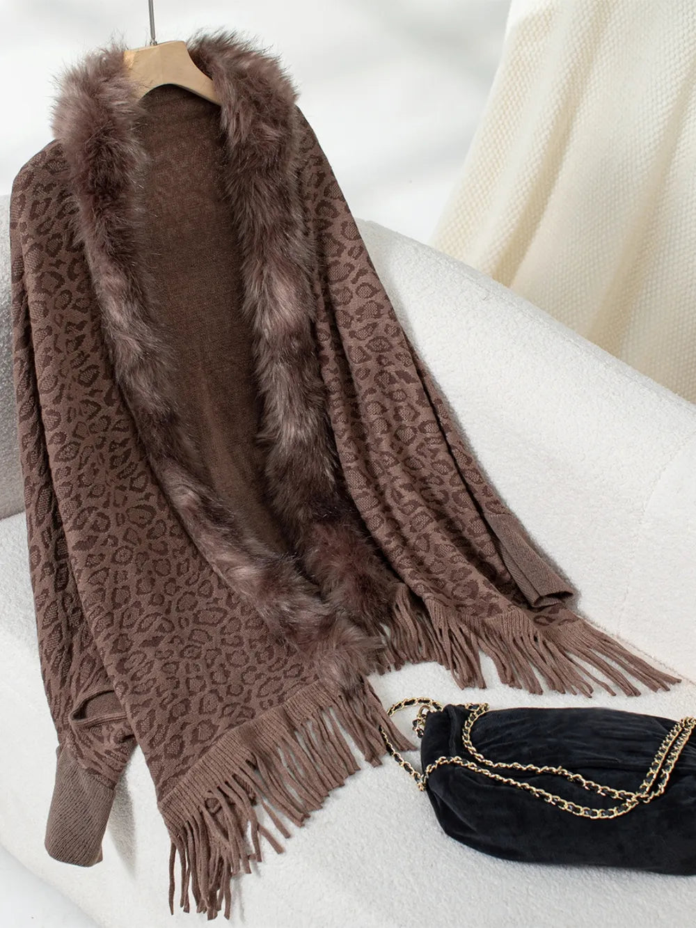 Fringe Leopard Open Front Long Sleeve Poncho in Brown