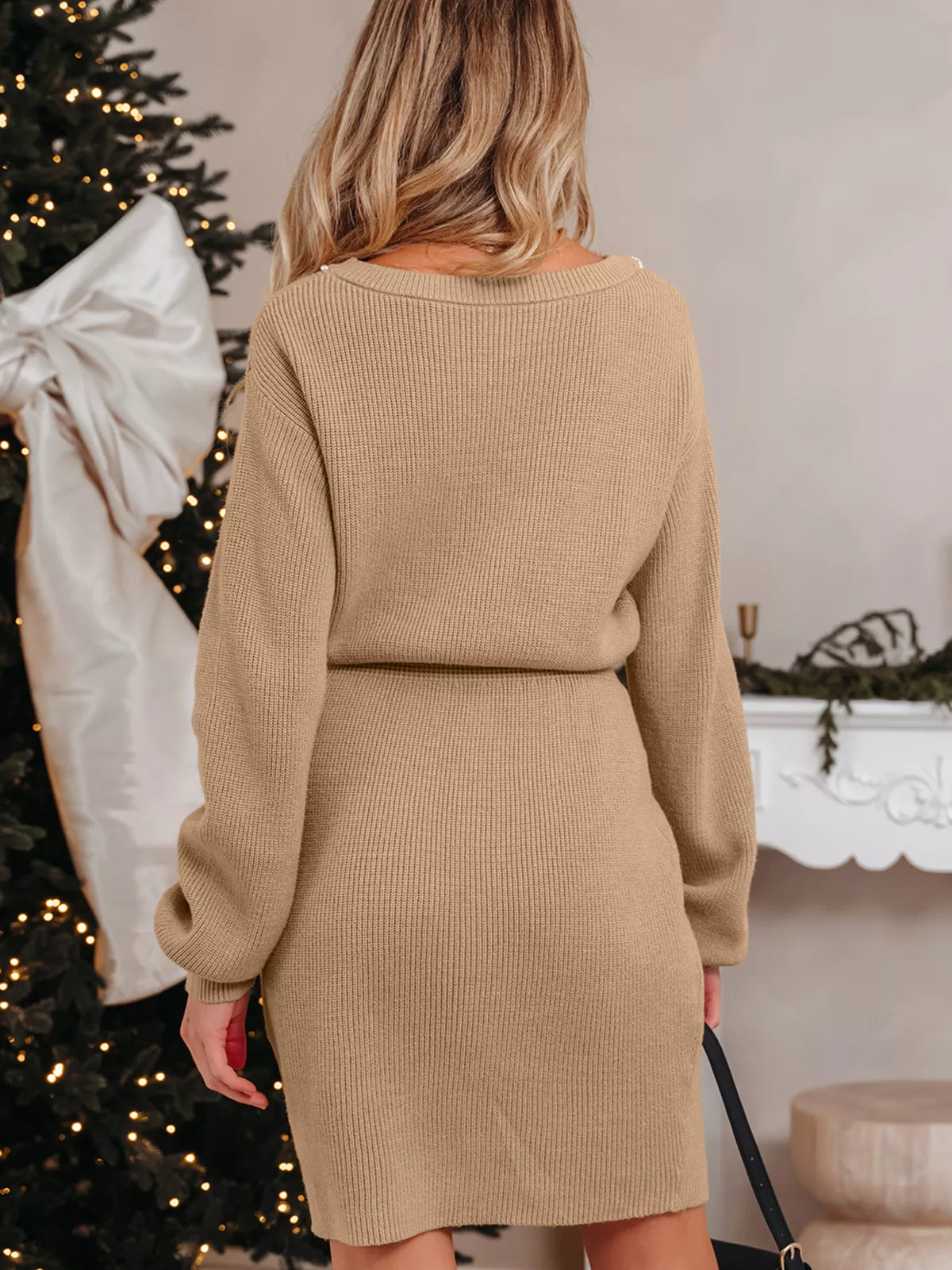 Pearl Embellished Keyhole Ribbed Sweater Dress in Camel, view 3