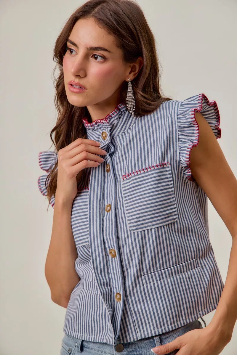 SO ME Stripe Twill Stitch Ruffled Hidden Button Vest Top - Lilixa.store