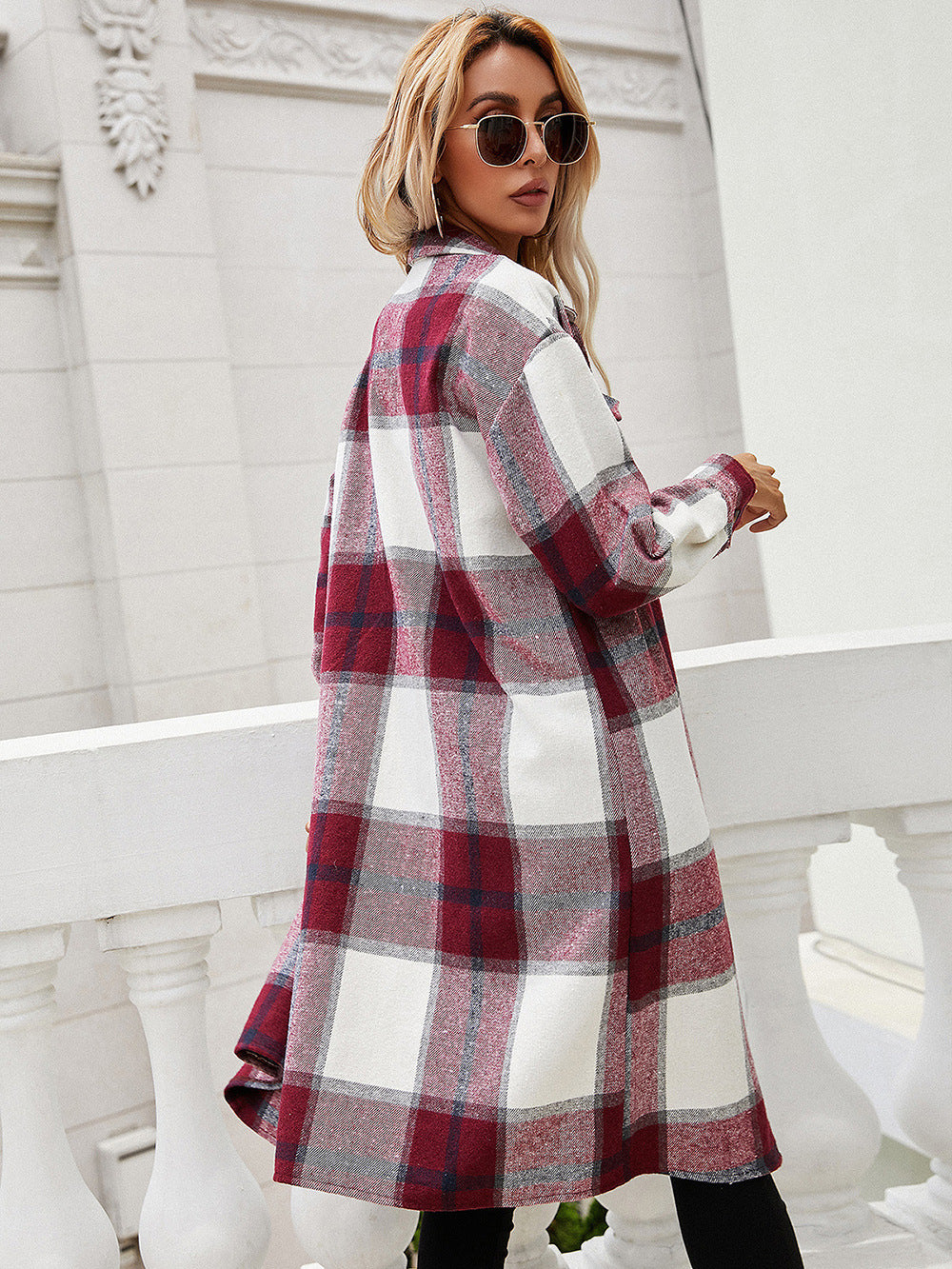 Ivy Lane Plaid Longline Shirt Jacket in Burgundy, view 2