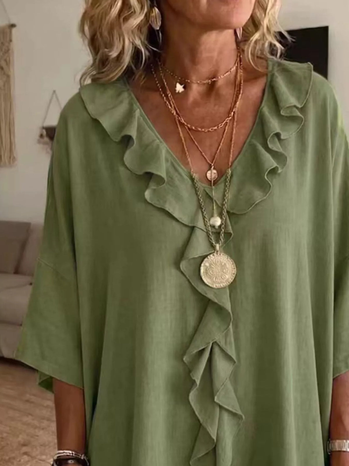Full Size Ruffle V-Neck 3/4 Sleeve Blouse Plus Size - Lilixa.store