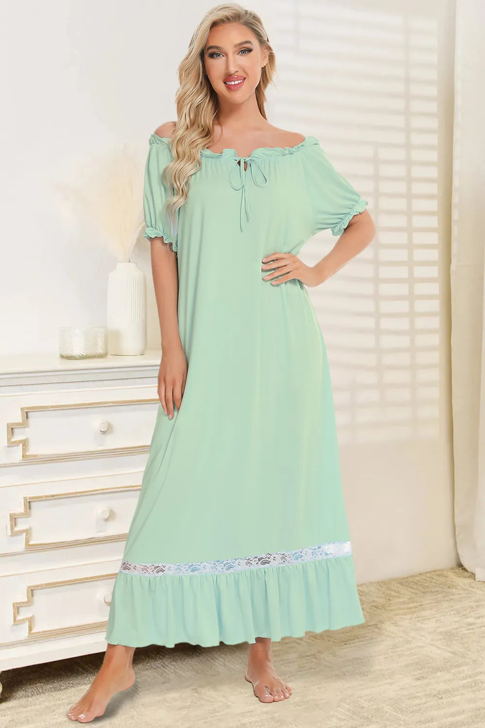 Lace Detail Short Sleeve Lounge Dress in Light Green